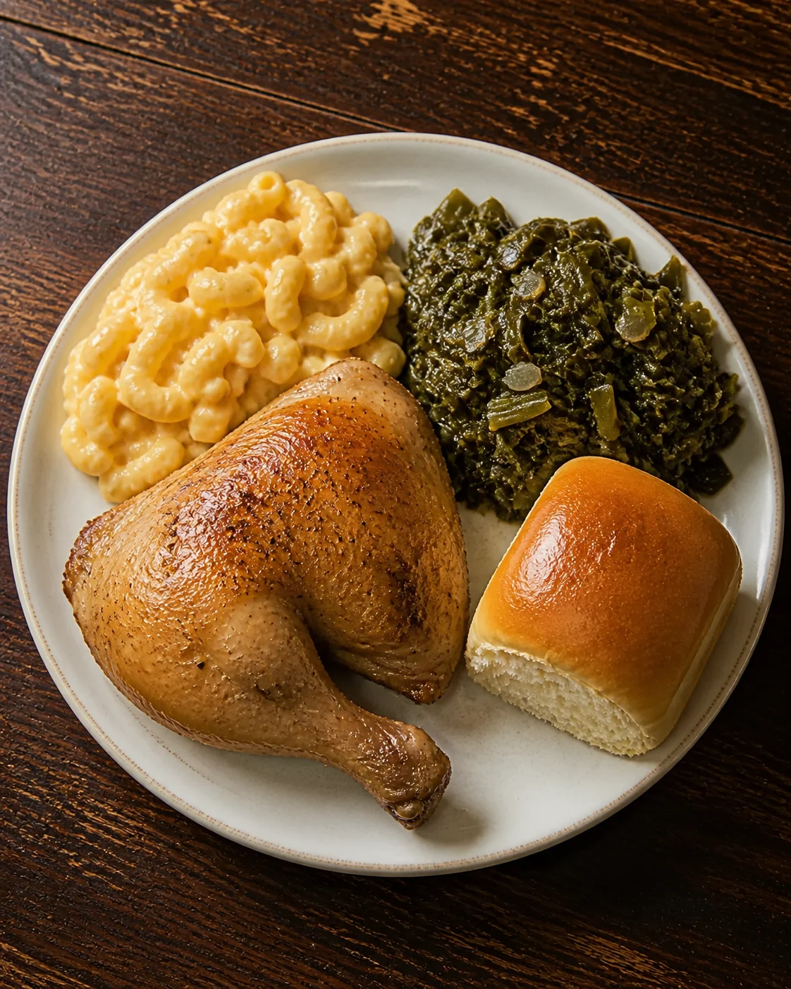 Baked chicken with two sides and bread on a plate.