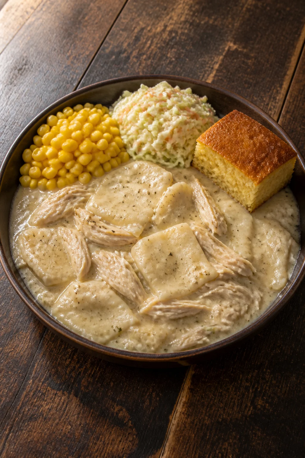 A bowl of chicken and dumplings in thick gravy, with corn, slaw and cornbread.