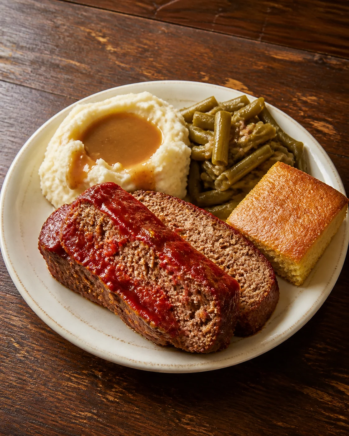A plate of meatloaf with tomato glaze, mashed potatoes with gravy, green beans and cornbread.