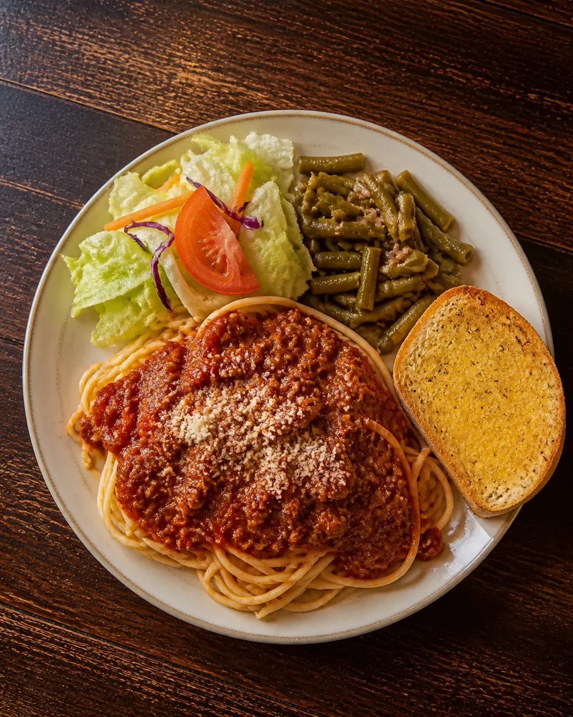 A plate of spaghetti in tomato sauce with a side and bread.