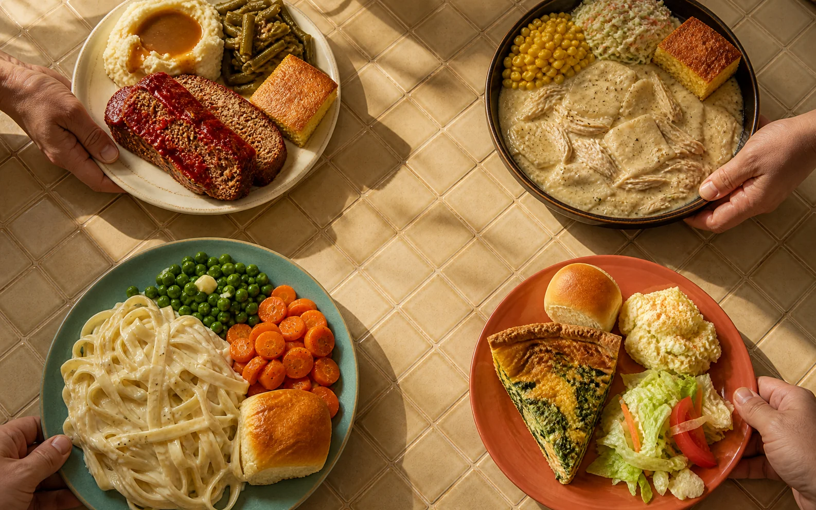 Four daily specials held over a tiled table: meatloaf with mashed potatoes, chicken and dumplings, fettuccine alfredo, and a wedge of quiche.